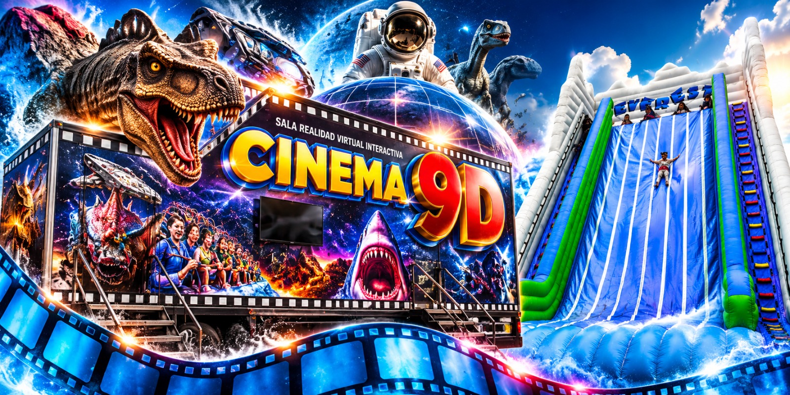 Cine 9D, dinosaurio REX, planetario domo inflable y tobogán Everest