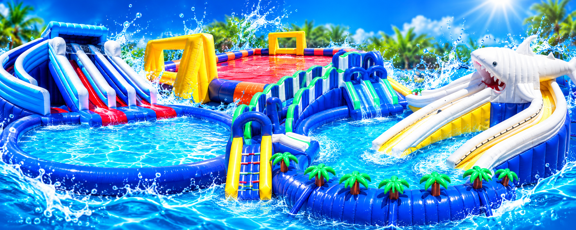 Parques acuáticos con piscinas y toboganes inflables